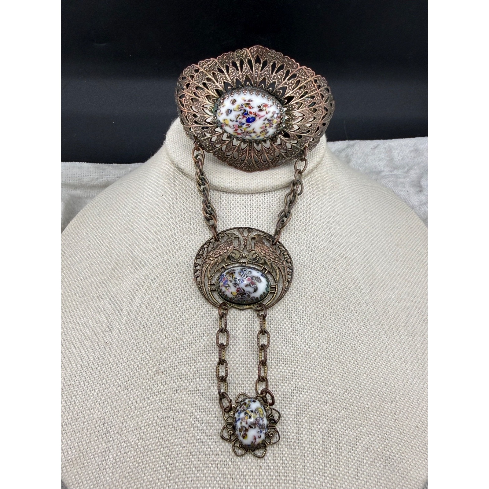 Vintage Hand Connected Bracelet Filigree Art Glass Ren Fair Goth Steampunk Read
